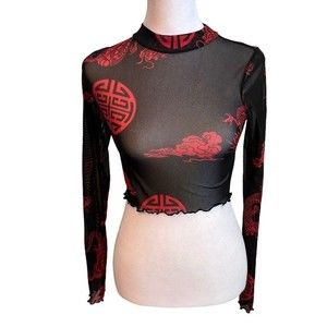 G Mini Festival Sheer Crop Top with Dragon Theme Red/Black Medium